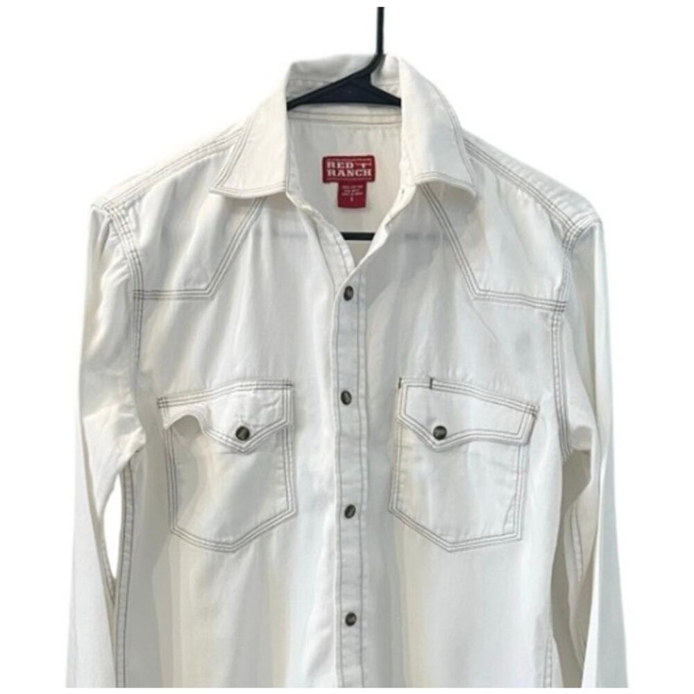 RedHead Ranch Long Sleeve White Western Snap Shirt Mens S Red Stitching RH
